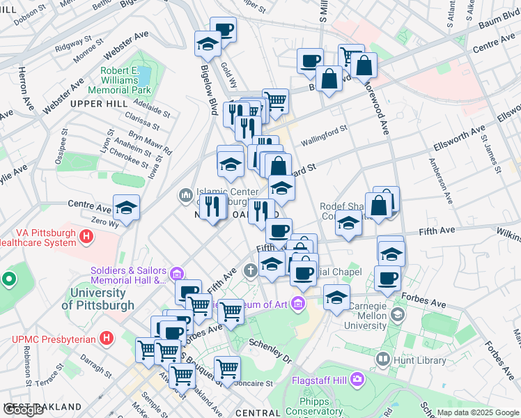 map of restaurants, bars, coffee shops, grocery stores, and more near 200 North Dithridge Street in Pittsburgh