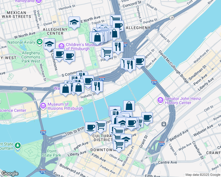 map of restaurants, bars, coffee shops, grocery stores, and more near 100 Anderson Street in Pittsburgh