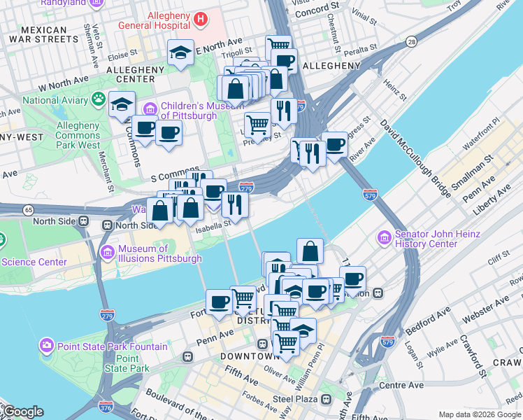 map of restaurants, bars, coffee shops, grocery stores, and more near 100 Anderson Street in Pittsburgh
