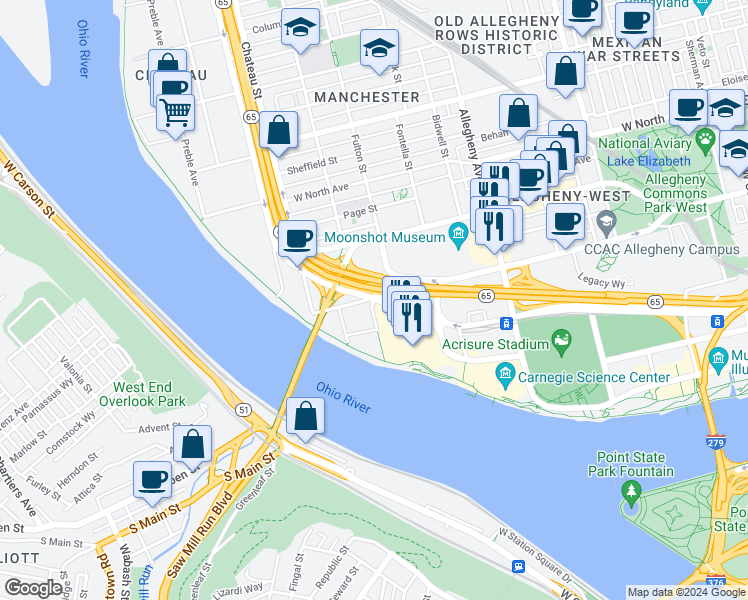 map of restaurants, bars, coffee shops, grocery stores, and more near 1321 Goebel Street in Pittsburgh