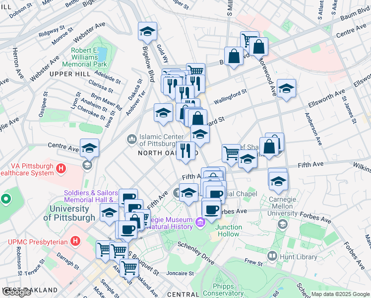 map of restaurants, bars, coffee shops, grocery stores, and more near 200 North Dithridge Street in Pittsburgh