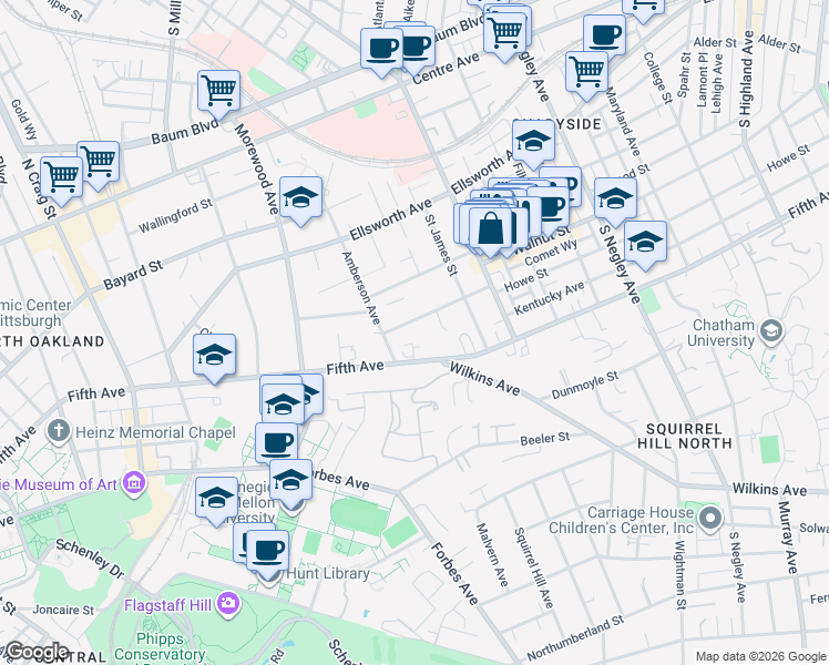 map of restaurants, bars, coffee shops, grocery stores, and more near 5139 Westminster Place in Pittsburgh