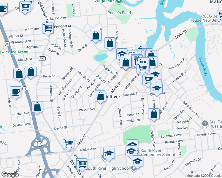 map of restaurants, bars, coffee shops, grocery stores, and more near 141 Main Street in South River