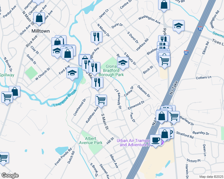 map of restaurants, bars, coffee shops, grocery stores, and more near 23 Violet Terrace in Milltown