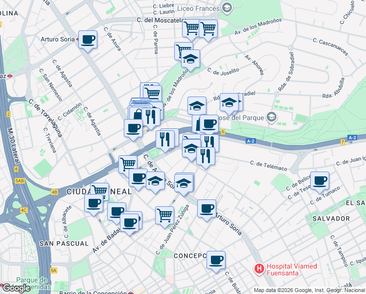 map of restaurants, bars, coffee shops, grocery stores, and more near 20 Calle de Josefa Valcárcel in Madrid
