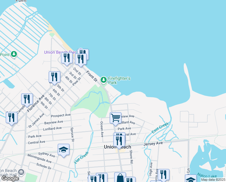 map of restaurants, bars, coffee shops, grocery stores, and more near 809 Front St in Union Beach