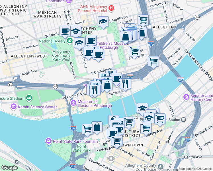 map of restaurants, bars, coffee shops, grocery stores, and more near 228 Federal Street in Pittsburgh