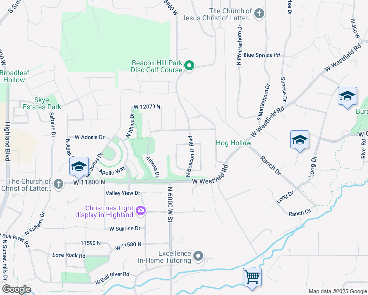 map of restaurants, bars, coffee shops, grocery stores, and more near 6757 North Star Drive in Highland