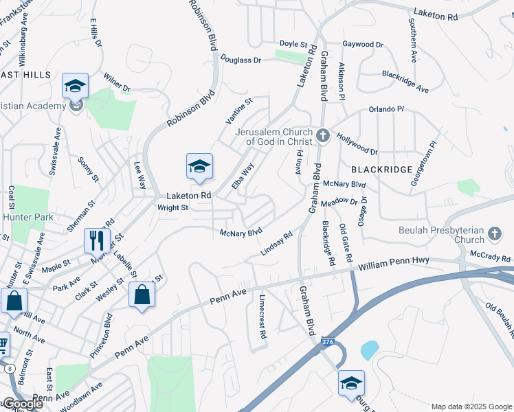 map of restaurants, bars, coffee shops, grocery stores, and more near 1481 Elizabeth Boulevard in Pittsburgh