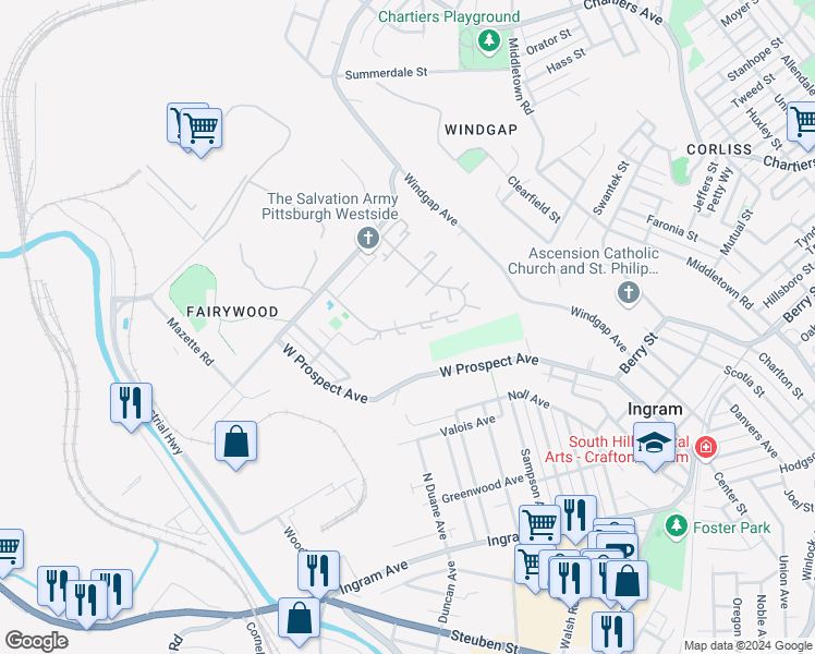map of restaurants, bars, coffee shops, grocery stores, and more near 2002 Village Road in Pittsburgh