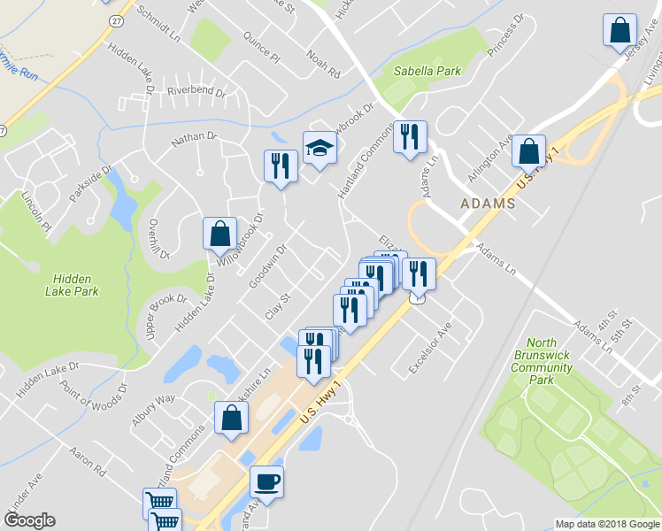 map of restaurants, bars, coffee shops, grocery stores, and more near 19 Pembrook Avenue in North Brunswick