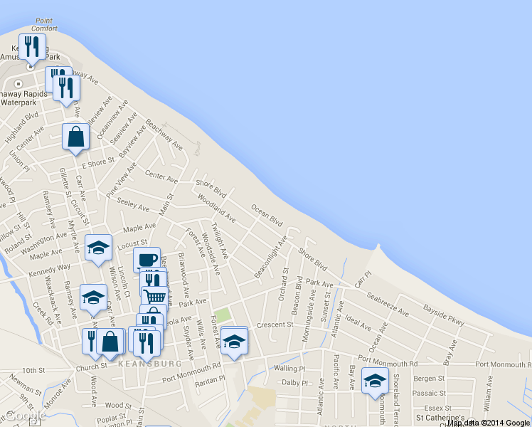 map of restaurants, bars, coffee shops, grocery stores, and more near 36 Ocean Blvd in Keansburg