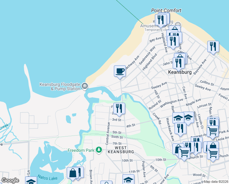 map of restaurants, bars, coffee shops, grocery stores, and more near 89 Maplewood Avenue in Keansburg