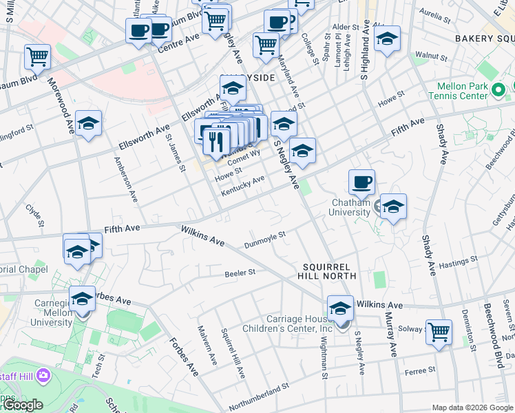 map of restaurants, bars, coffee shops, grocery stores, and more near 5506 Fifth Avenue in Pittsburgh