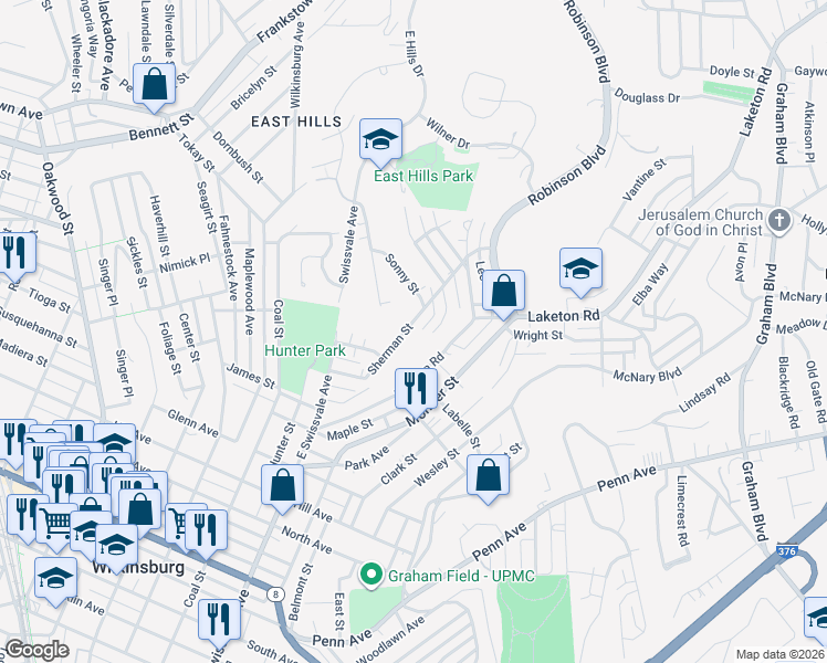 map of restaurants, bars, coffee shops, grocery stores, and more near 1339 Sherman Street in Pittsburgh