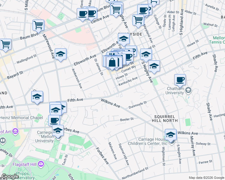 map of restaurants, bars, coffee shops, grocery stores, and more near 926 South Aiken Avenue in Pittsburgh