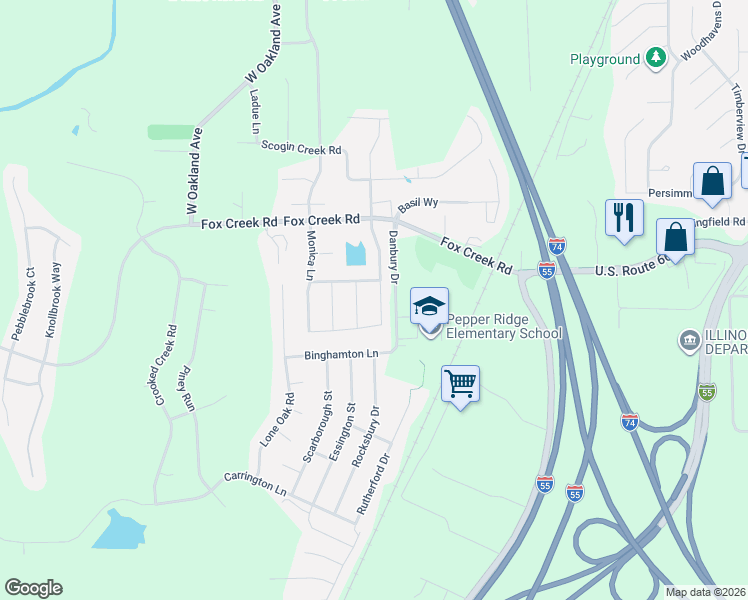 map of restaurants, bars, coffee shops, grocery stores, and more near 2804 Spangle Road in Bloomington