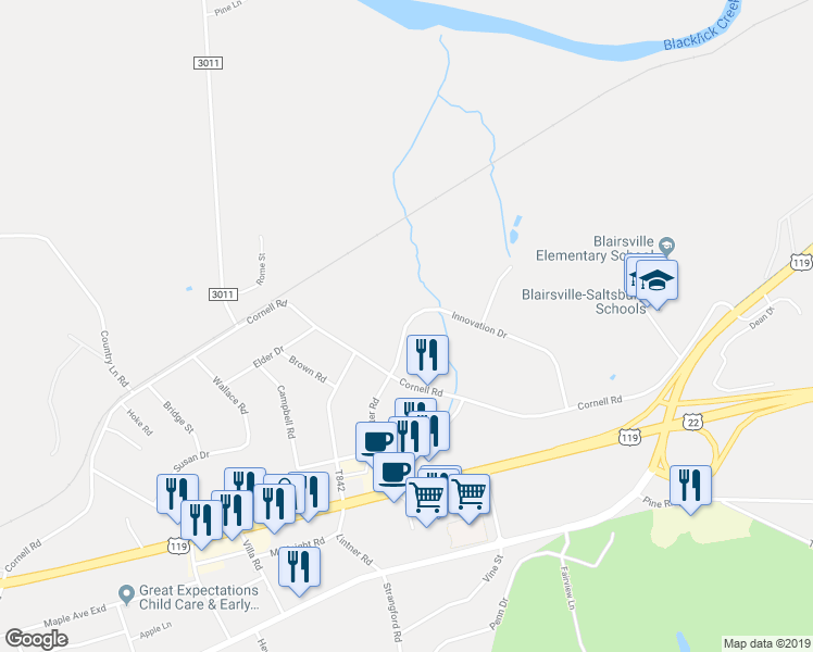 map of restaurants, bars, coffee shops, grocery stores, and more near 451 Innovation Drive in Blairsville