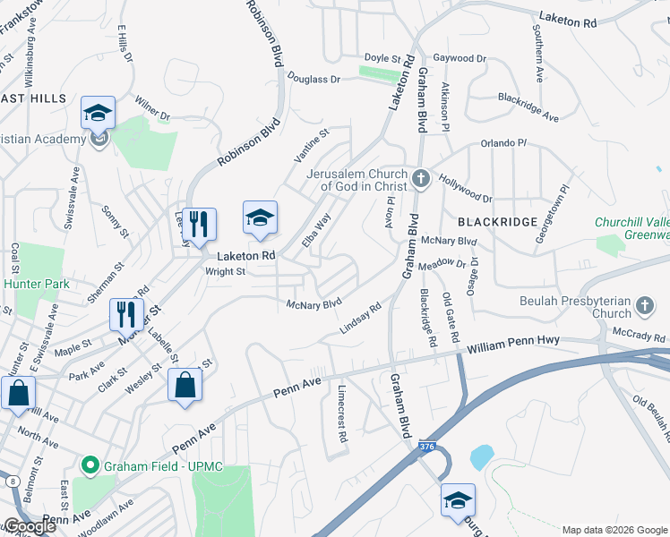 map of restaurants, bars, coffee shops, grocery stores, and more near 1481 Elizabeth Boulevard in Pittsburgh