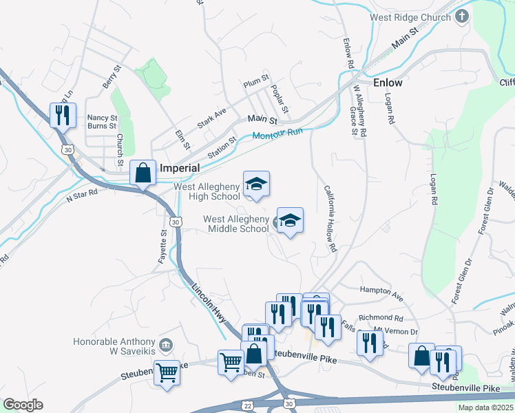 map of restaurants, bars, coffee shops, grocery stores, and more near 205 West Allegheny Road in Imperial
