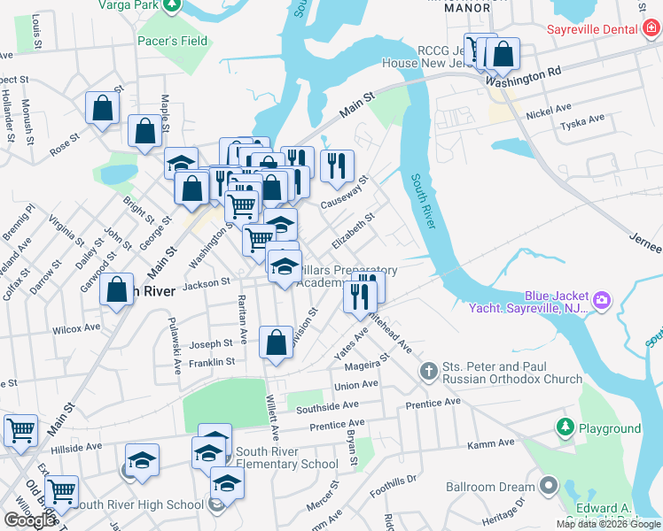map of restaurants, bars, coffee shops, grocery stores, and more near 2 Elizabeth Street in South River