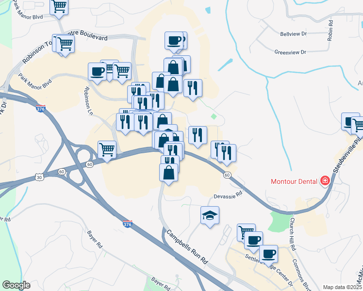 map of restaurants, bars, coffee shops, grocery stores, and more near 6408 Steubenville Pike in Pittsburgh