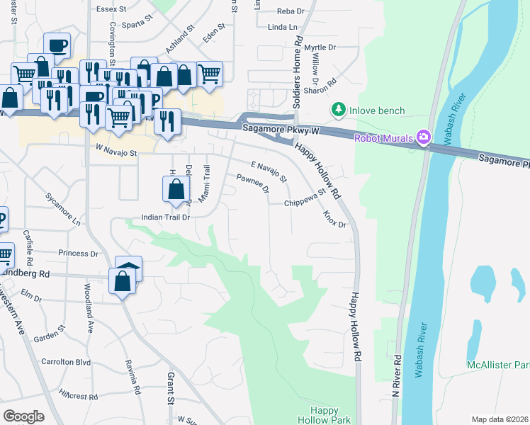 map of restaurants, bars, coffee shops, grocery stores, and more near 201 Pawnee Dr in West Lafayette