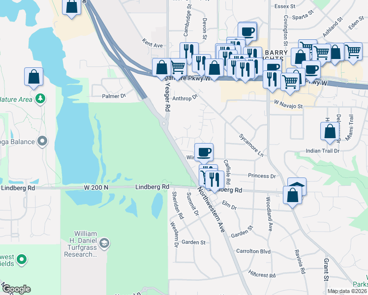 map of restaurants, bars, coffee shops, grocery stores, and more near 205 Trace 2 in West Lafayette