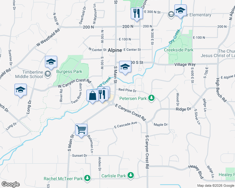 map of restaurants, bars, coffee shops, grocery stores, and more near 32 Red Pine Drive in Alpine