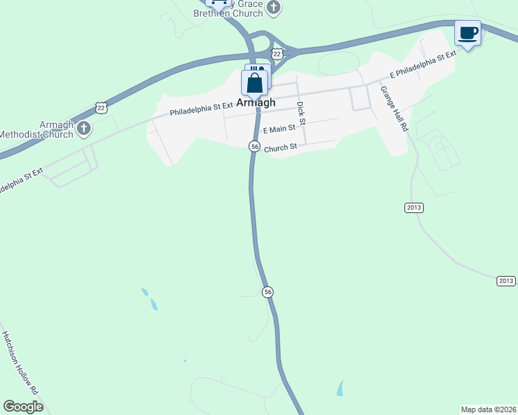 map of restaurants, bars, coffee shops, grocery stores, and more near 12372 Pennsylvania 56 in Armagh