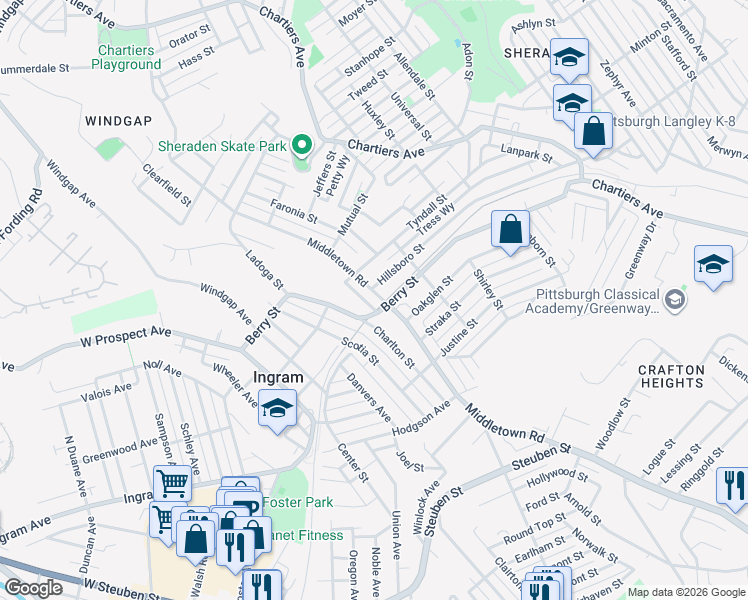 map of restaurants, bars, coffee shops, grocery stores, and more near 2925 Middletown Road in Pittsburgh