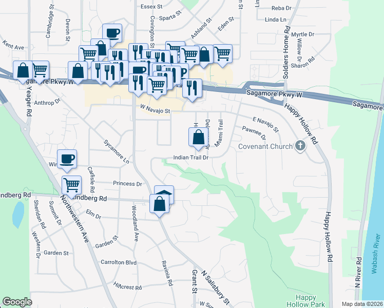 map of restaurants, bars, coffee shops, grocery stores, and more near 1989 Indian Trail Drive in West Lafayette