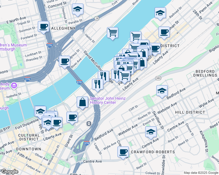 map of restaurants, bars, coffee shops, grocery stores, and more near 1501 Penn Avenue in Pittsburgh