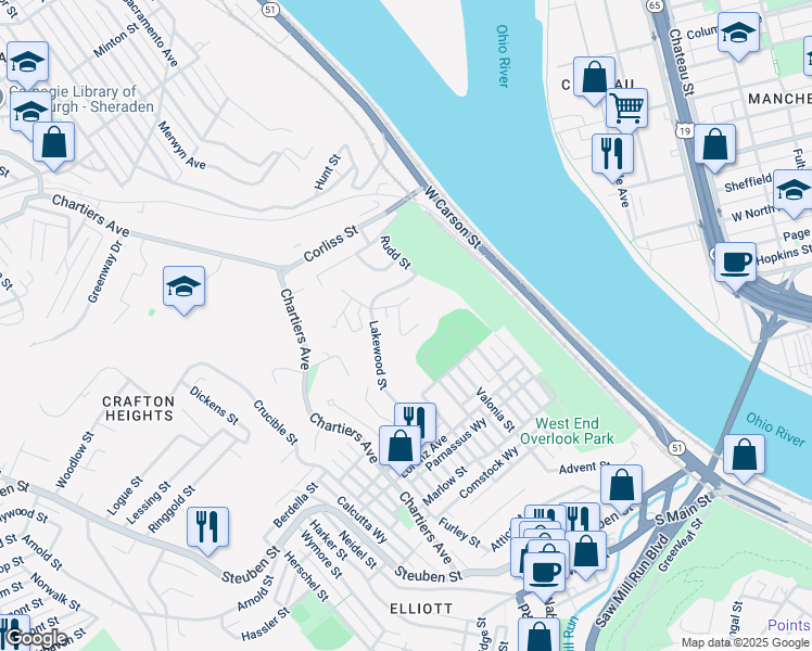 map of restaurants, bars, coffee shops, grocery stores, and more near 66 Bond Street in Pittsburgh