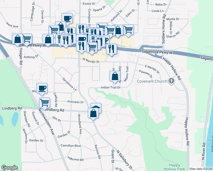 map of restaurants, bars, coffee shops, grocery stores, and more near 1989 Indian Trail Drive in West Lafayette