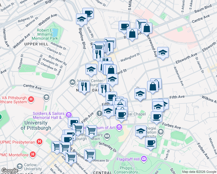 map of restaurants, bars, coffee shops, grocery stores, and more near 144 North Craig Street in Pittsburgh