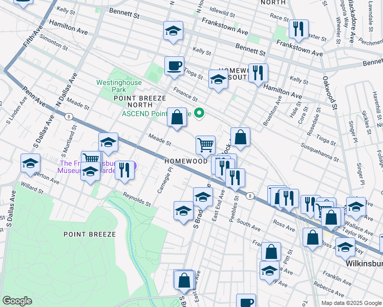 map of restaurants, bars, coffee shops, grocery stores, and more near 7401 Meade Street in Pittsburgh