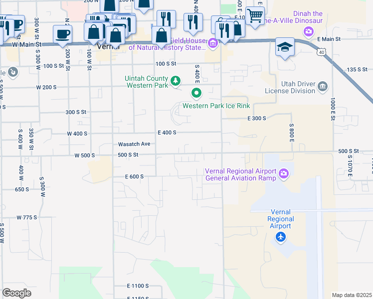 map of restaurants, bars, coffee shops, grocery stores, and more near 329 East 500 South in Vernal