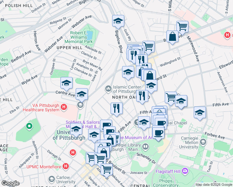 map of restaurants, bars, coffee shops, grocery stores, and more near 4123 Bigelow Boulevard in Pittsburgh