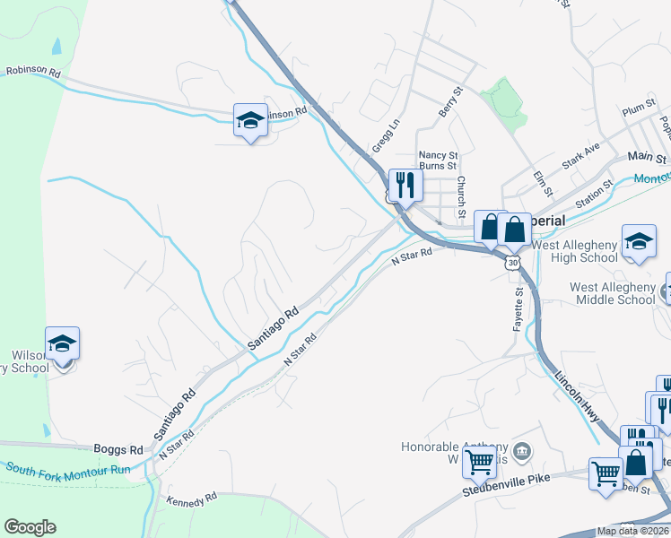 map of restaurants, bars, coffee shops, grocery stores, and more near 3143 Santiago Road in Imperial