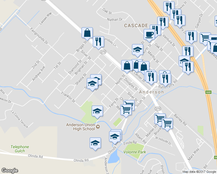 map of restaurants, bars, coffee shops, grocery stores, and more near 3050 Church Street in Anderson