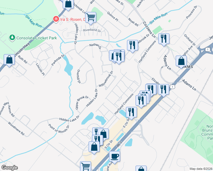 map of restaurants, bars, coffee shops, grocery stores, and more near 338 Willowbrook Drive in North Brunswick Township
