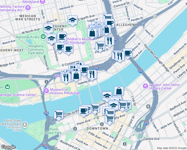 map of restaurants, bars, coffee shops, grocery stores, and more near 233 East General Robinson Street in Pittsburgh