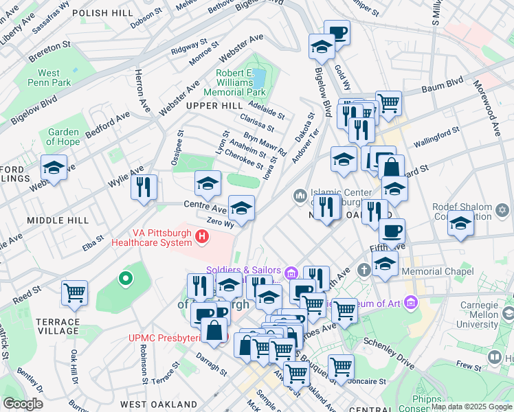 map of restaurants, bars, coffee shops, grocery stores, and more near 3000 Iowa Street in Pittsburgh