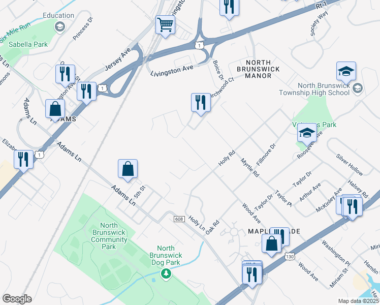 map of restaurants, bars, coffee shops, grocery stores, and more near 714 Wood Avenue in North Brunswick Township