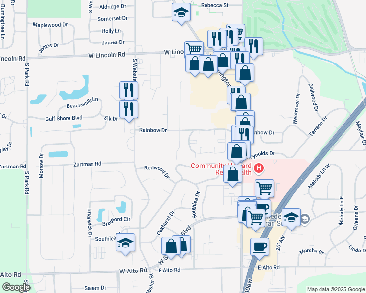 map of restaurants, bars, coffee shops, grocery stores, and more near 3318 Frances Lane in Kokomo
