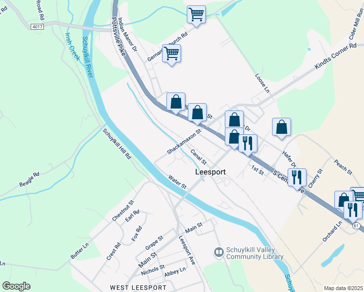 map of restaurants, bars, coffee shops, grocery stores, and more near 125 Shackamaxon Street in Leesport