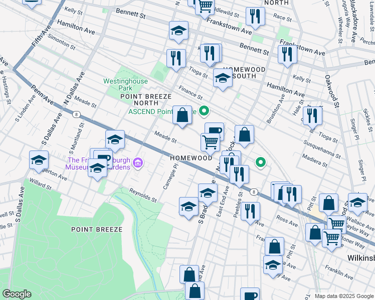 map of restaurants, bars, coffee shops, grocery stores, and more near 7411 Penfield Court in Pittsburgh