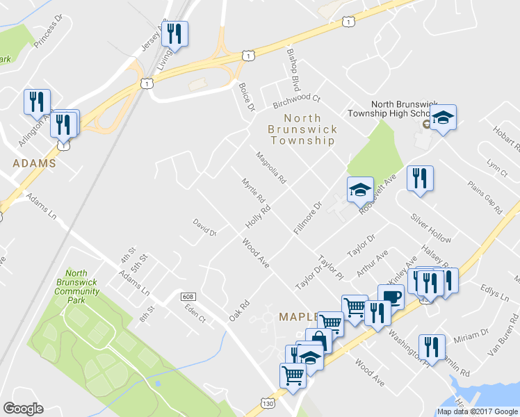 map of restaurants, bars, coffee shops, grocery stores, and more near 1715 Holly Road in North Brunswick Township
