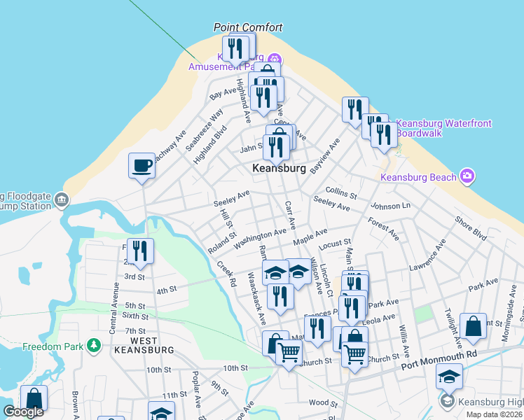 map of restaurants, bars, coffee shops, grocery stores, and more near 27 Lincoln Avenue in Keansburg